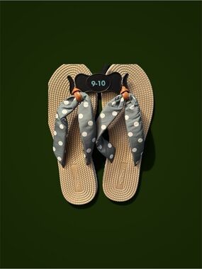 Polka Dot Bow Flip Flops - Beige Soles, greenish grey Straps